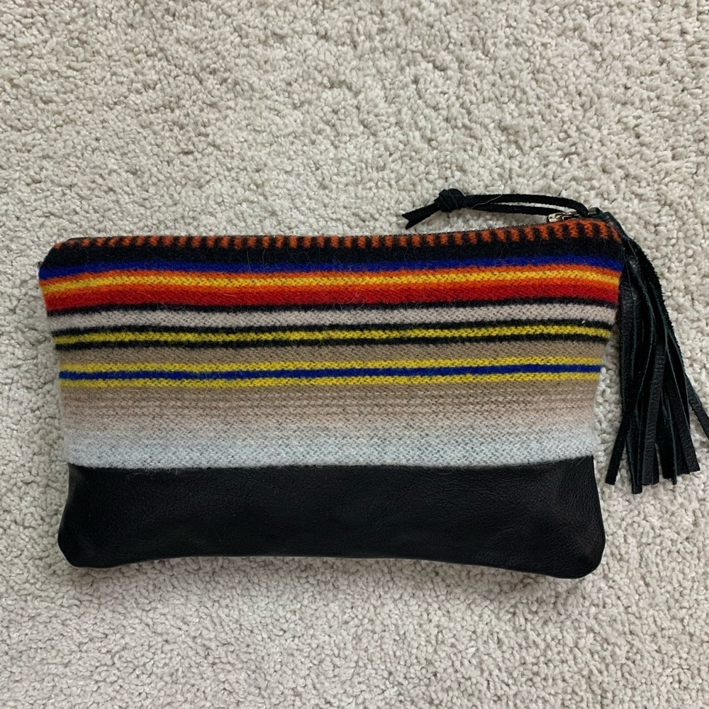 MIXD CO Black Leather INDIAN Blanket WOOL Southwestern CLUTCH Tassel PURSE Bag - Picture 2 of 4